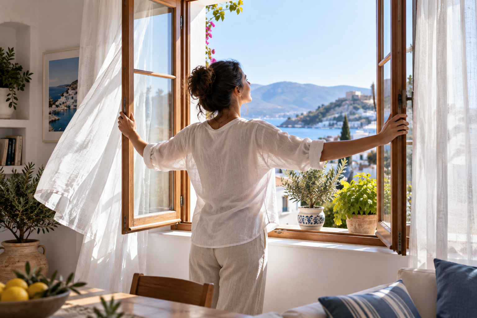 Γυναίκα ανοίγει το παράθυρο για αερισμό του σπιτιού